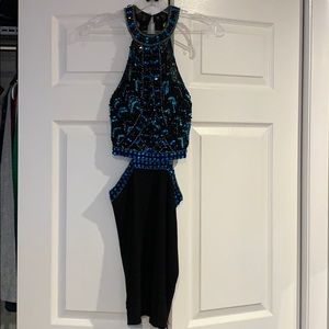 blue and black sequins dress